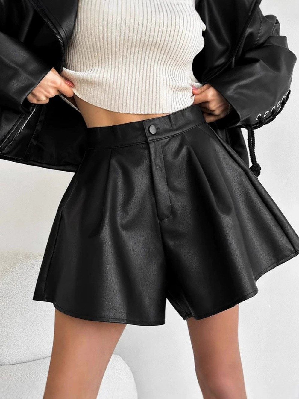 Zara High Waist Leather Shorts Fall Streetwear